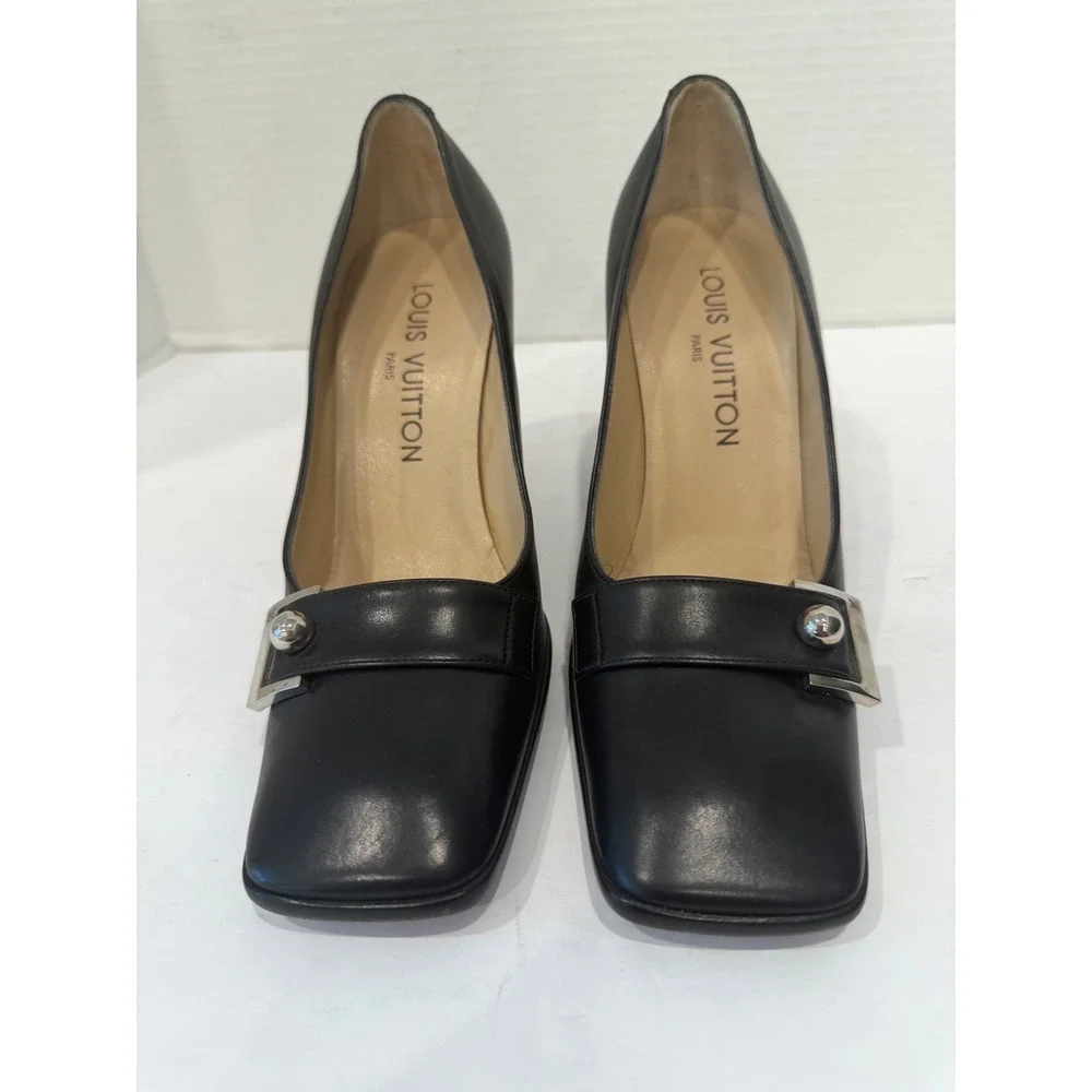 Louis Vuitton Black Square Toe Buckle Block Heel Luxury Pumps Sz 5.5